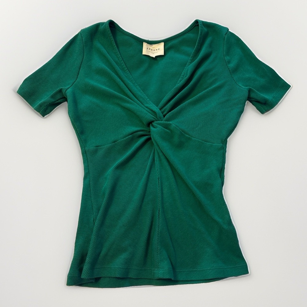 Sezane Maia Ribbed Twist Front Top Knit Tee Sz XS Epicea Green